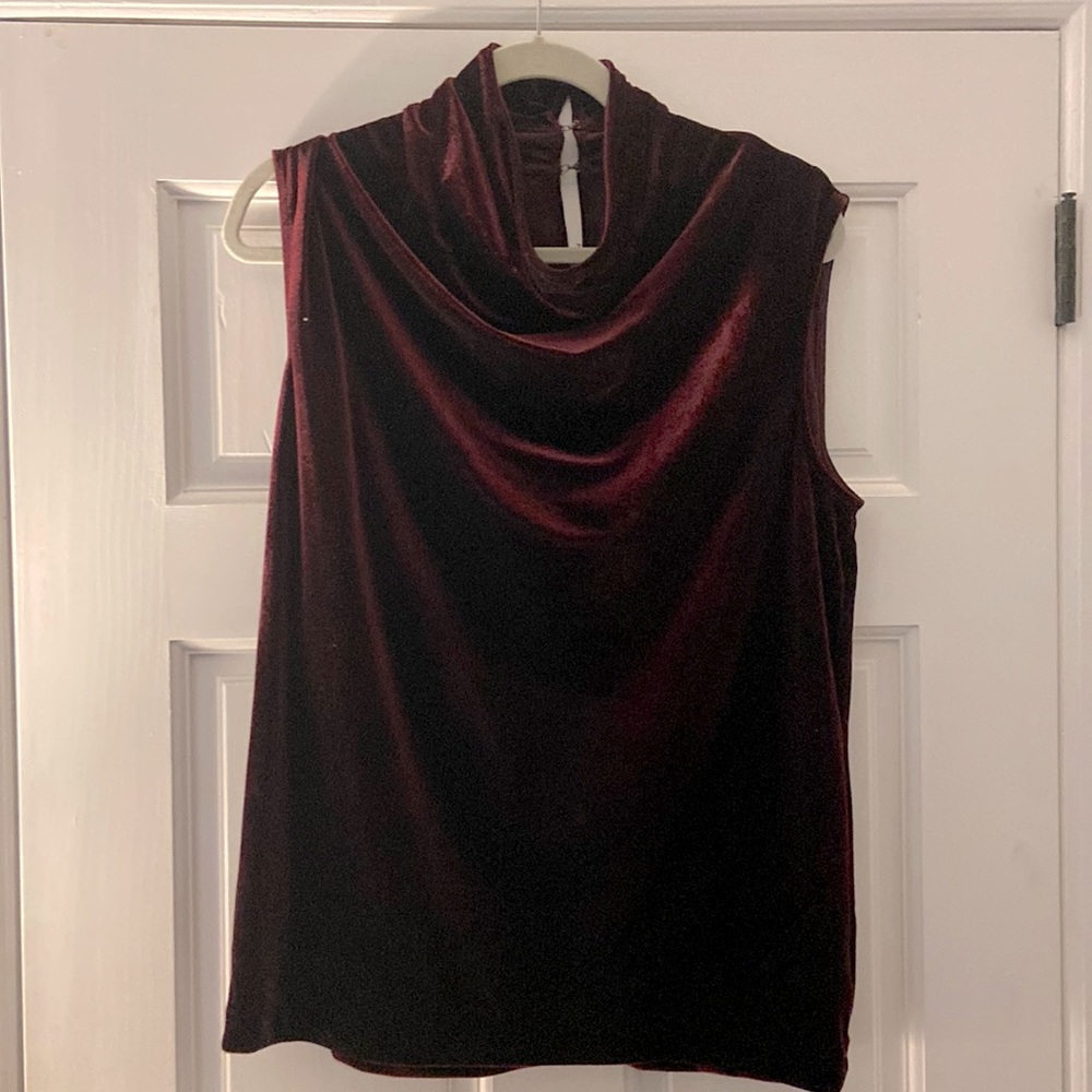 Burgundy velvet top by Halston, size large. Worn 1x, Nice drape at neck